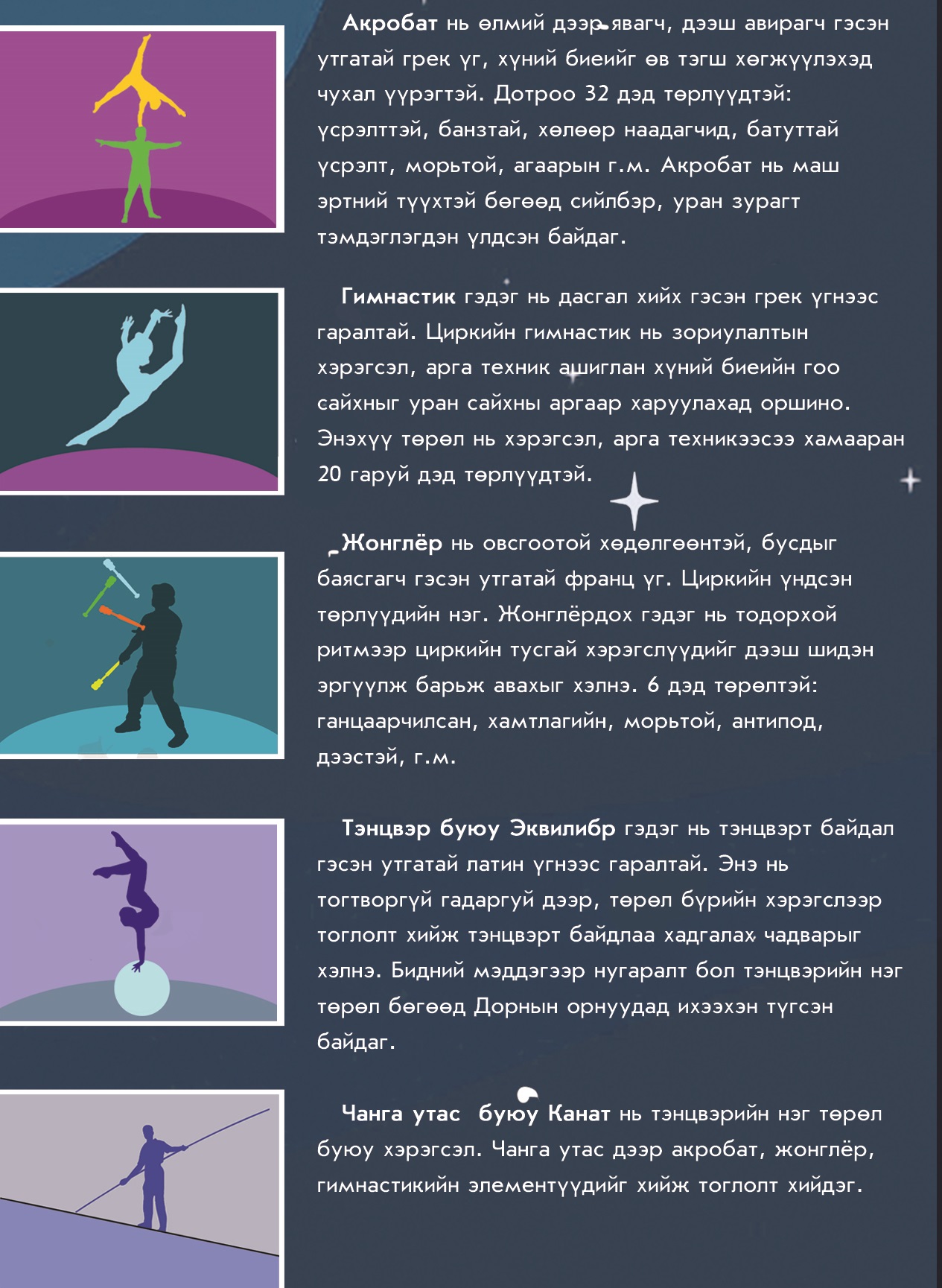 Циркийн үндсэн таван төрлийн танилцуулга